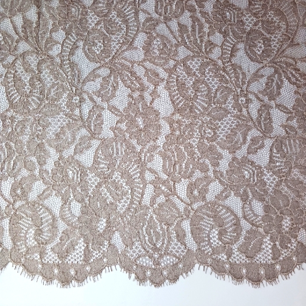 Scalloped Brown with Cream Floral Filigree Chantilly Lace Fabric.